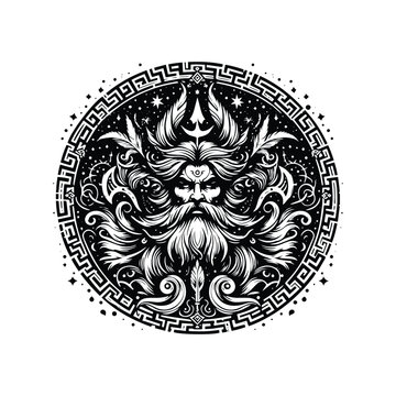 Poseidon greek god with trisula with bohemian decoration in black and white illustrations, cutout graphic black and white illustration