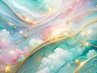 A serene atmosphere of soft pastel colors that shimmer and reflect light, with delicate curved gold lines flowing through the scene, evoking a sense of wonder and enchantment