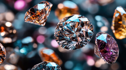 Fototapeta premium Various multi-colored gemstones and diamonds with faceted cuts, shown in a close-up view with soft bokeh background highlighting their sparkle and brilliance.