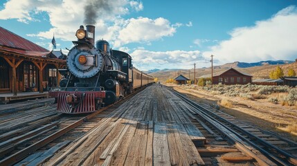 A vintage train station in the American West, with weathered wooden platforms and an old steam engine waiting to depart. The open countryside and clear sky offer generous room for copy space