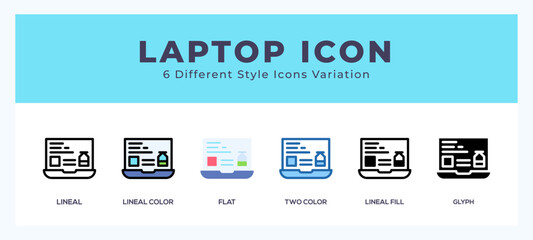 Laptop icon set. outline. glyph black. flat color and filled line color