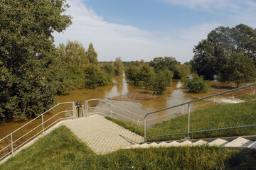 Wroclaw, Poland at the time of flooding on the Odra River Concept of urban landscapes, hydropower and urban development along the riverbank.