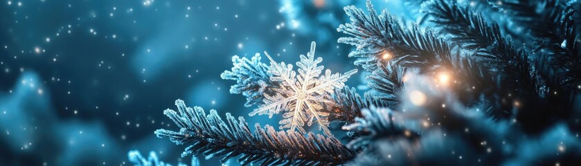 A serene winter scene featuring a delicate snowflake resting on evergreen branches, with sparkling lights and falling snowflakes.