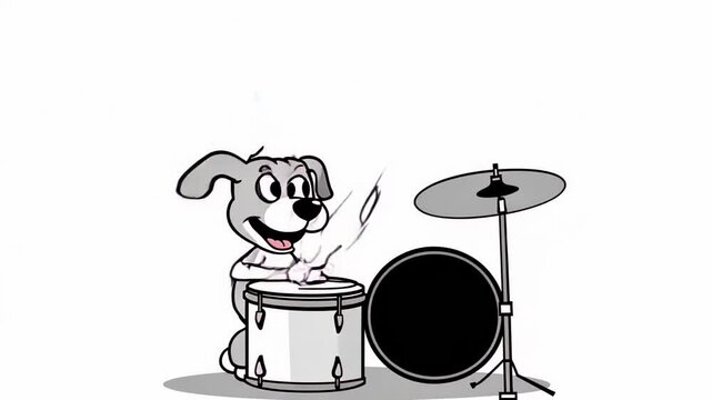 Cartoon illustration of a playful dog playing the drums with enthusiasm, featuring a simple black and white style.