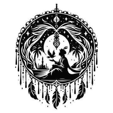 sinbad with bohemian decoration in black and white illustrations, cutout graphic