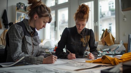A team of designers in a stylish studio, brainstorming and sketching new fashion concepts. Their collaborative effort is clear as they combine their creativity and skills to produce unique designs.