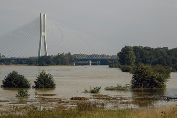 Wroclaw, Poland at the time of flooding on the Odra River Concept of urban landscapes, hydropower and urban development along the riverbank.