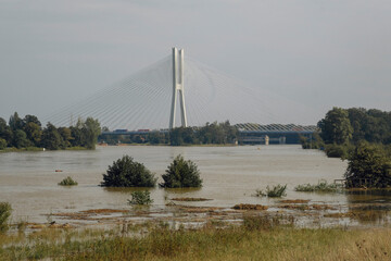 Wroclaw, Poland at the time of flooding on the Odra River Concept of urban landscapes, hydropower and urban development along the riverbank.
