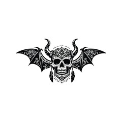 Fototapeta premium skull with horn and bat wing with bohemian decoration decoration in black and white illustrations, cutout graphic black and white illustration