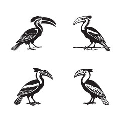 Obraz premium Black and white vector silhouettes set of hornbill