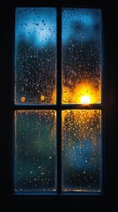 Raindrop-covered window with distant glowing light at night
