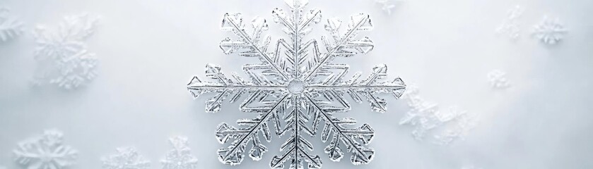 Close-up of a delicate snowflake on a soft, white background, showcasing intricate patterns and winter elegance.