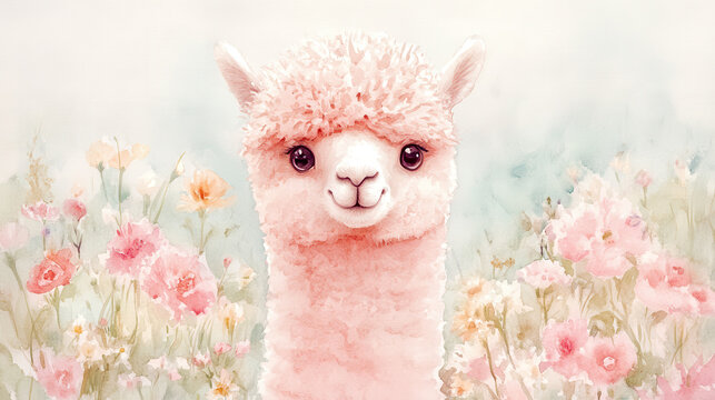 Adorable watercolor alpaca in a floral meadow, surrounded by pastel flowers and soft greenery, evoking a sense of peace and natural beauty.