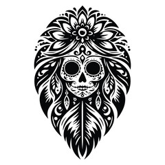 Obraz premium sugarskull female inside bohemian decoration in black and white illustrations, cutout graphic