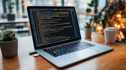 Laptop displaying colored code text on the screen on a wooden desk with small plants and a coffee cup, background blurred with lights and plants.