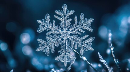 A stunning close-up of a snowflake resting on delicate foliage, showcasing intricate patterns against a cool blue background.