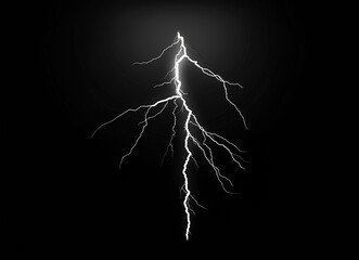 Lightning strike isolated on black background, white lightning bolt striking in the sky, thunderstorm and weather concept