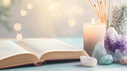 A candlelit room with a horoscope book open to a page on zodiac compatibility, crystals and incense adding to the spiritual ambiance