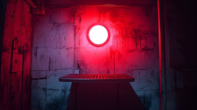 An isolated police outpost, dimly lit by a single red bulb. The suspect fidgets under the glare, while the scratched metal table reflects the harsh lighting