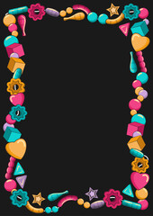 Decorative frame of A4 format, consisting of multi-colored beads and other design elements. Black background. Vector illustration.