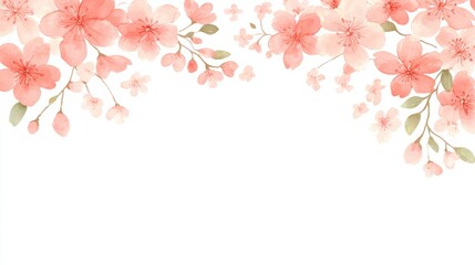 Delicate Watercolor Floral Border with Soft Pink Flowers and Green Leaves on a White Background