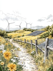 A drawing of a solar farm with a wind farm in the background