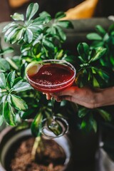 Woman's hand holding a bright red Margarita cocktail garnished with a slice of lime, surrounded by...