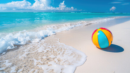 Obraz premium Colorful beach ball on sandy shore with gentle waves and bright blue sky, creating a perfect summer day at the tropical beach.