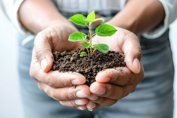 A person holding a small plant, great for environmental or gardening themes