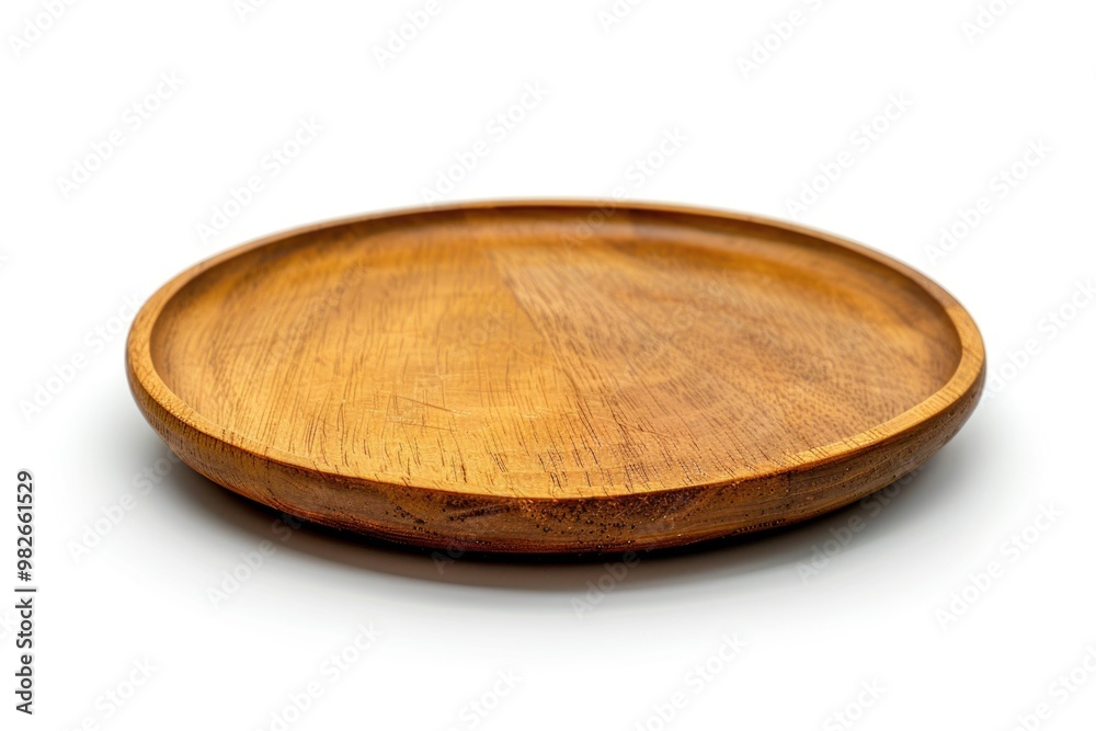 Poster a close-up view of a wooden plate on a white background, suitable for use in still life or design co