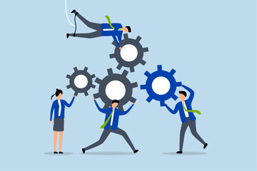 cooperate for team success, Male and female entrepreneurs collaborate to assist in linking gears or cogs.