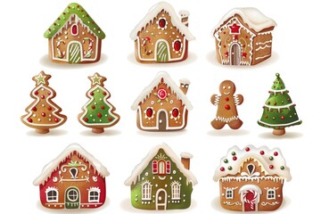 Naklejka premium A set of colorful Christmas gingerbread houses and trees, perfect for holiday decorations or illustrations