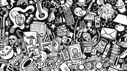Naklejka premium A black and white drawing featuring various objects