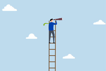 Success ladder for business opportunity, businessman ascended the ladder to gaze through the telescope with visionary eyes.