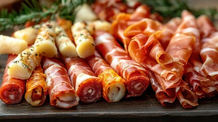Assorted cured Spanish meats like chorizo, Prosciutto and chorizo rolls filled with gouda and Iberico cheese.
