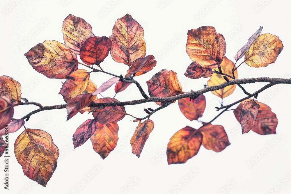 Poster a detailed view of a branch covered in green leaves, suitable for use in nature-inspired designs or 