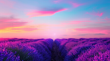Obraz premium Vibrant lavender field at sunset with pink and blue sky, showcasing the beauty of nature in a serene, colorful landscape perfect for relaxation.