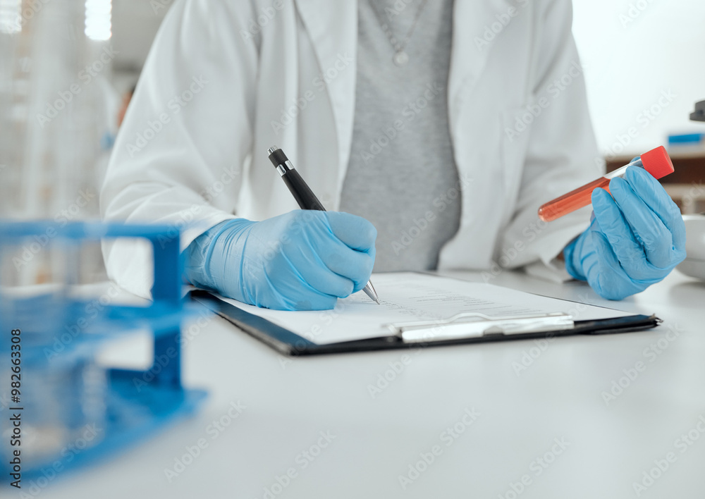 Wall mural laboratory, person and test tube with clipboard for writing, medicine information and notes for trea