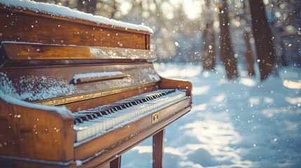 Old piano in a winter park with snow