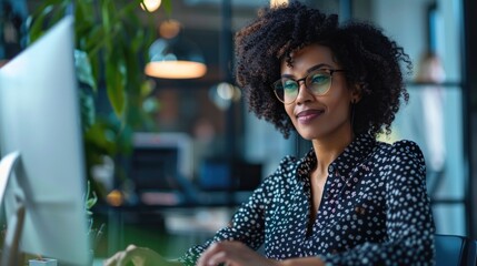 A woman sits at a desk using a laptop, possibly working or studying
