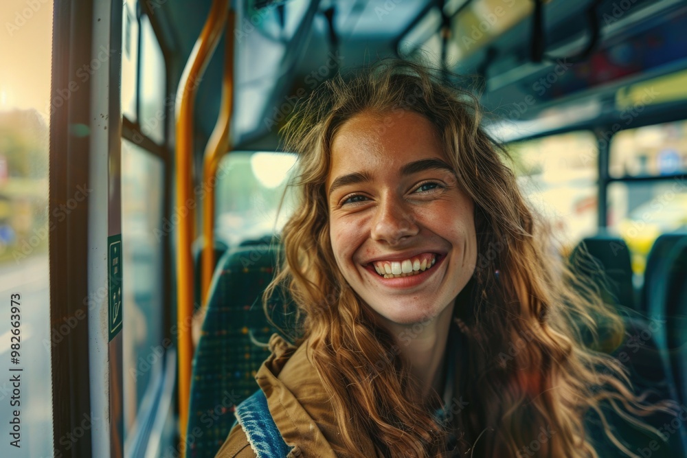 Poster a person enjoying the ride on a city bus with a happy expression