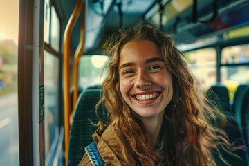 A person enjoying the ride on a city bus with a happy expression