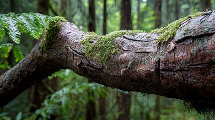 Obraz premium A thick, textured tree branch with intricate bark patterns, harmoniously blending into the earthy tones of the forest, covered in green moss and ferns.