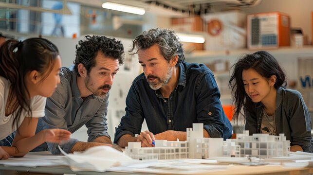 A team of architects in a design studio, reviewing 3D models and blueprints of a new building. Their teamwork is essential in bringing architectural visions to life.