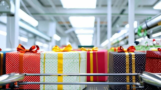 Colorful wrapped gift boxes with ribbons on a conveyor belt in a warehouse setting, depicting a festive and industrial