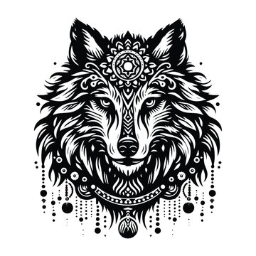 werewolves creature with bohemian decoration decoration in black and white illustrations, cutout graphic