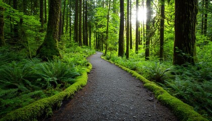Obraz premium A tranquil forest trail surrounded by moss-covered branches and ferns, with the soft glow of sunlight filtering through a canopy of green leaves.