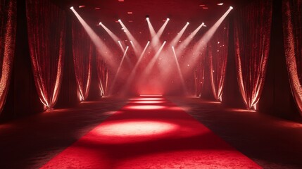 Glitz and Glamour: 3D Illustration of Lavish Red Carpet Event with Ornate Stage and Dramatic Spotlights