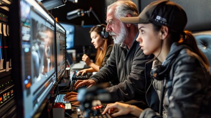 A team of filmmakers in a post-production studio, editing and finalizing a movie. Their collaborative effort is key to producing a high-quality film.