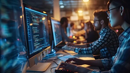 A team of software developers in a collaborative workspace, coding and debugging a new program. Their teamwork is essential in creating reliable software solutions.